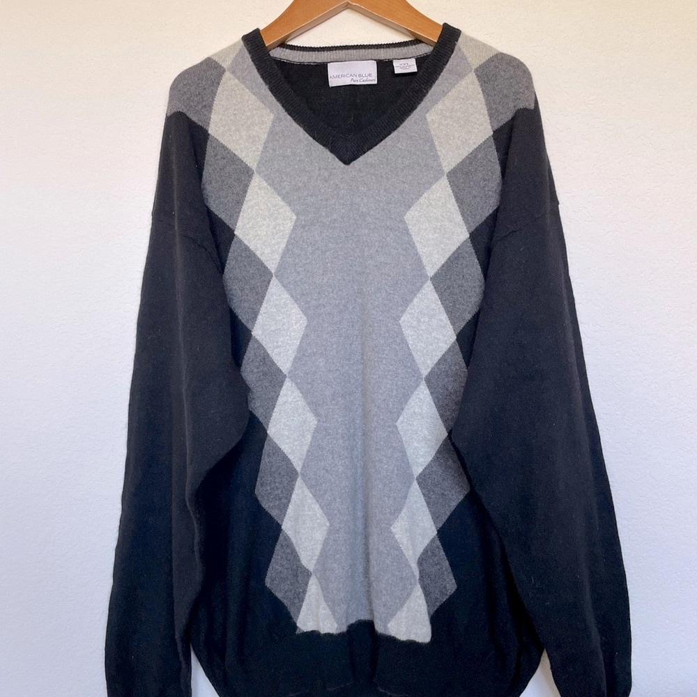 AMERICAN BLUE pure cashmere sweater black grey v-necklace classic